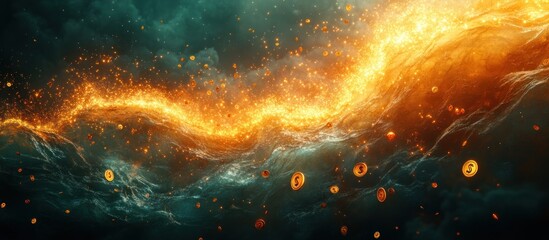 A dynamic swirl of fiery gold and blue tones with scattered coins, evoking energy and wealth.