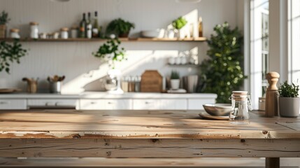 Scandinavian-style kitchen with wooden table for product display in morning light.