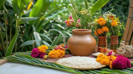 Festive Pongal celebration setup with a clay pot and rice, surrounded by sugarcane and bright flowers, in outdoor daylight.