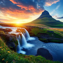 Poster - beautiful landscape with sunrise on kirkjufellsfoss waterfall and kirkjufell mountain iceland europe