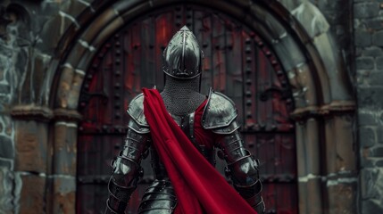 Wall Mural - Medieval knight in maroon cloak and detailed armor rests near a wooden door with wrought-iron details. Mystery and anticipation fill the dark background.