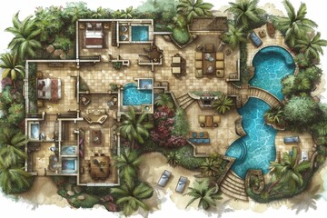 A tropical home with a pool and a garden