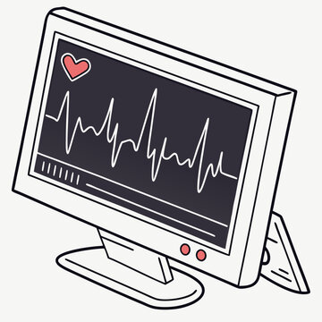 A simple yet effective illustration of a heart rate monitor, showcasing the classic waveform pattern on a computer screen. Perfect for representing healthcare, medical technology.