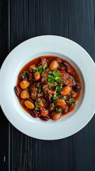 Wall Mural - Steaming bowl of chili beans stew is seasoned with fresh herbs and ready to be enjoyed