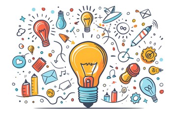 Poster - Creative Ideas and Inspiration Illustrated with Colorful Light Bulbs and Icons