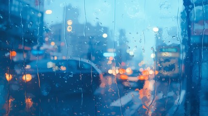 A close-up of raindrops on the window, the background is blurred, a busy city street and a black car
