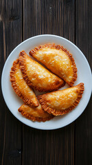 Wall Mural - Delicious fried dumplings on white plate, golden and crispy, perfect snack or appetizer. Top view on dark wooden table, great for food photography or menu design