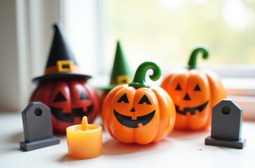 Halloween holiday toy pumpkins, toy caps, toy graves, toy candles,