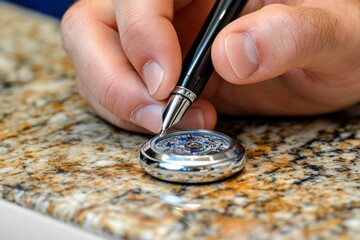Poster - Close-up of a detectiveâ€™s hand with a pen, writing notes in a case file, capturing the diligence and precision of building a case, symbolizing professionalism and detail