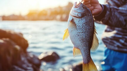 Fisherman with a big fish in hand, standing proudly on the shore, the catch glistening in natural light, rugged surroundings behind him.