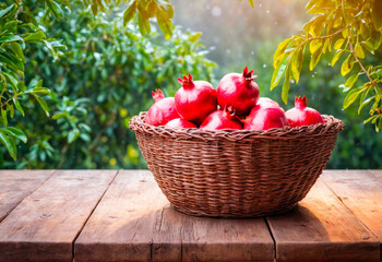 Ripe Pomegranates in a Basket on a Wooden Table.