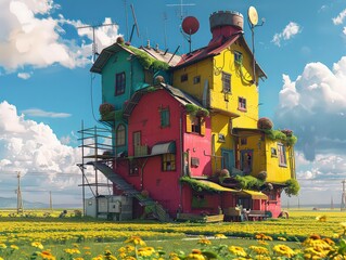  Whimsical house with primary colors, blending imagination with reality, situated within an unusual field.