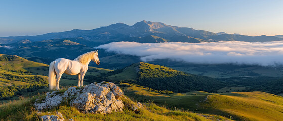 Aufkleber - majestic white horse stands on rocky cliff, overlooking vast landscape with rolling hills and distant mountain range under clear blue sky