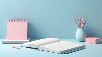 A visually appealing display of books, a sleek pencil case, and an eraser, framed by a soothing pastel blue background, perfect for inspiring creativity.