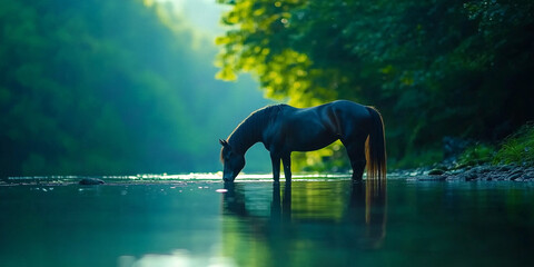 Aufkleber - Friesian horse drinks from crystal clear stream in serene forest setting, surrounded by lush greenery and soft sunlight filtering through trees