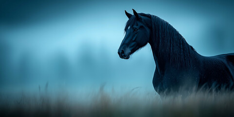 Poster - majestic Friesian horse stands gracefully in misty field of tall grass, exuding elegance and strength. serene atmosphere enhances beauty of scene