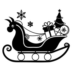 Christmas Santa claus gift on sleigh black silhouette vector illustration