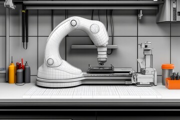 Aufkleber - Minimalist line art of a factory floor with robotic arms symbolizing machine learning automation, capturing the core of industrial AI in a clean design, symbolizing simplicity and efficiency
