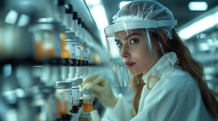 Medical bio laboratory, Research, Science test technology. Pharmaceutical lab specialist examines medicine vials, hospital patient samples. Medical student conducts research. Realistic style photo