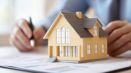 model house on financial document, symbolizing property loans and mortgages