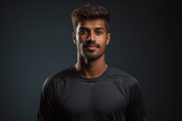 Portrait of a content indian man in his 20s sporting a breathable mesh jersey in blank studio backdrop