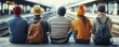 © Naphol - Group of friends waiting at a train station, showing backs, colorful hats, and backpacks. Ideal for travel and friendship themes.