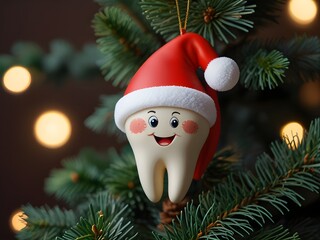 smiling  tooth with eyes and a santa hat for christmas tree