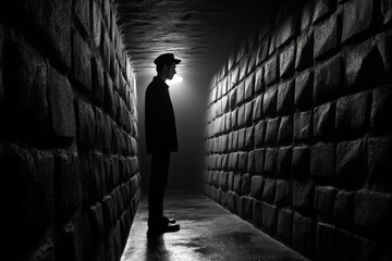 Poster - Silhouetted figure in a dark alley, with faint light casting shadows, capturing the secrecy and suspicion surrounding a potential suspect, symbolizing mystery and drama