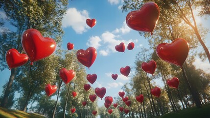Aufkleber - Low-angle view of red heart balloons drifting in a park, creating a Valentine s Day feel, 4K resolution