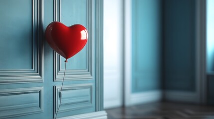 Aufkleber - Side-angle view of a single red heart balloon floating in a room decorated for Valentine s, 4K resolution