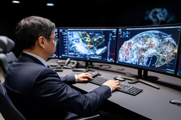 Aufkleber - Suspect in a futuristic, high-tech interrogation room with holographic screens displaying case details, symbolizing the advanced surveillance methods of future law enforcement, symbolizing innovation