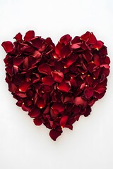 Aufkleber - Top-down view of red rose petals arranged in a heart shape on a white background, symbolizing love, 4K resolution