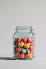 Poster - Side-angle shot of a glass jar filled with heart-shaped candies, placed on a plain background, 4K resolution