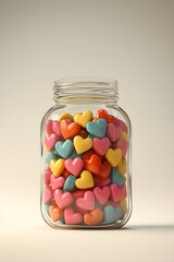 Poster - Side-angle shot of a glass jar filled with heart-shaped candies, placed on a plain background, 4K resolution