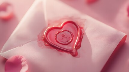 Aufkleber - High-angle view of a Valentine s envelope with a wax seal in a heart shape, on a soft pink background, 4K resolution