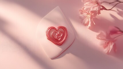 Aufkleber - High-angle view of a Valentine s envelope with a wax seal in a heart shape, on a soft pink background, 4K resolution