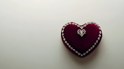 Poster - Top-down view of a velvet heart-shaped box with jewelry, set against a smooth white background, 4K resolution