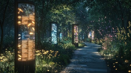 a nature trail lined with holographic bird species guides, each glowing panel explaining the local w