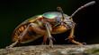 © primopiano - Close-up macro image of a metallic green beetle with detailed exoskeleton and antennae on a textured surface