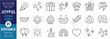© Parbat - A set of line icons related to Joyful. Joy, happy, laugh, dance, music, celebrate, cake, sunrise, balloons, rainbow, fireworks, and so on. Vector editable stroke.