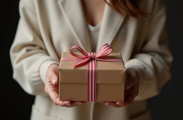 Wall Mural - Close-up of hands unpacking Christmas gift box with satin bow