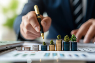 Investing in growth with coins and miniature trees representing financial success. image captures essence of financial planning and investment strategies