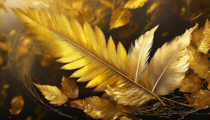 golden feather and leaves on dark gold background