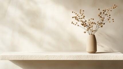 Poster - simple vase with dried flowers on a textured shelf against a softly lit wall in a serene indoor sett