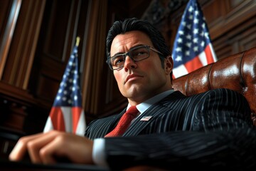 Poster - 3D digital illustration of a lawyer presenting a case, with confident posture and dynamic lighting capturing dedication and professionalism, symbolizing conviction and clarity