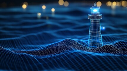 A digital lighthouse stands tall on a wireframe sea, its beacon illuminating the darkness.