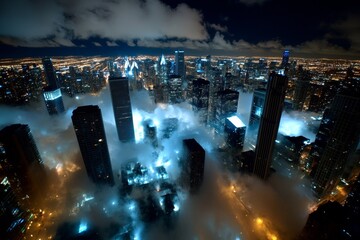 Poster - Dark, thick smoke drifting through a cityscape at dusk, with dramatic light creating an intense and moody atmosphere, symbolizing urban depth and mystery