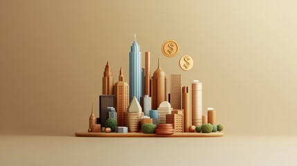 Poster - Creative 3d cityscape model with dollar signs and greenery representing urban business growth