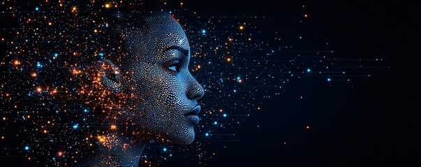 Fototapete - Digital Art of a Woman s Face with Glowing Dots and Lines
