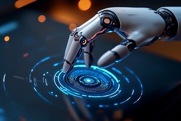 Poster - Futuristic factory with AI-driven robotic arms and holographic data displays showing machine learning analytics, symbolizing innovation and efficiency in a high-tech setting, symbolizing progress
